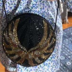 Black and Gold Beaded Round Bag vintage :)